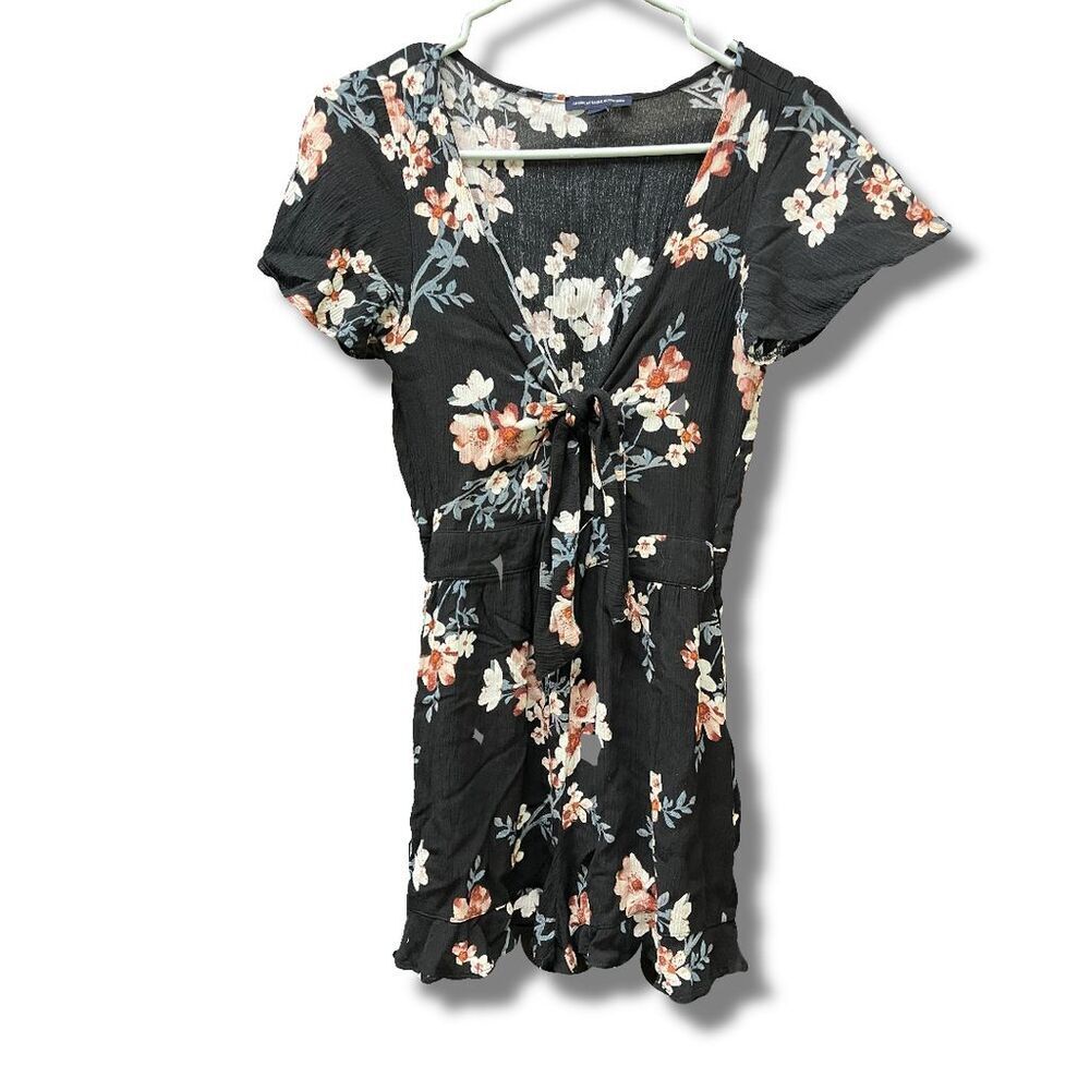 American Eagle Outfitters Black Floral Tie-Front Romper